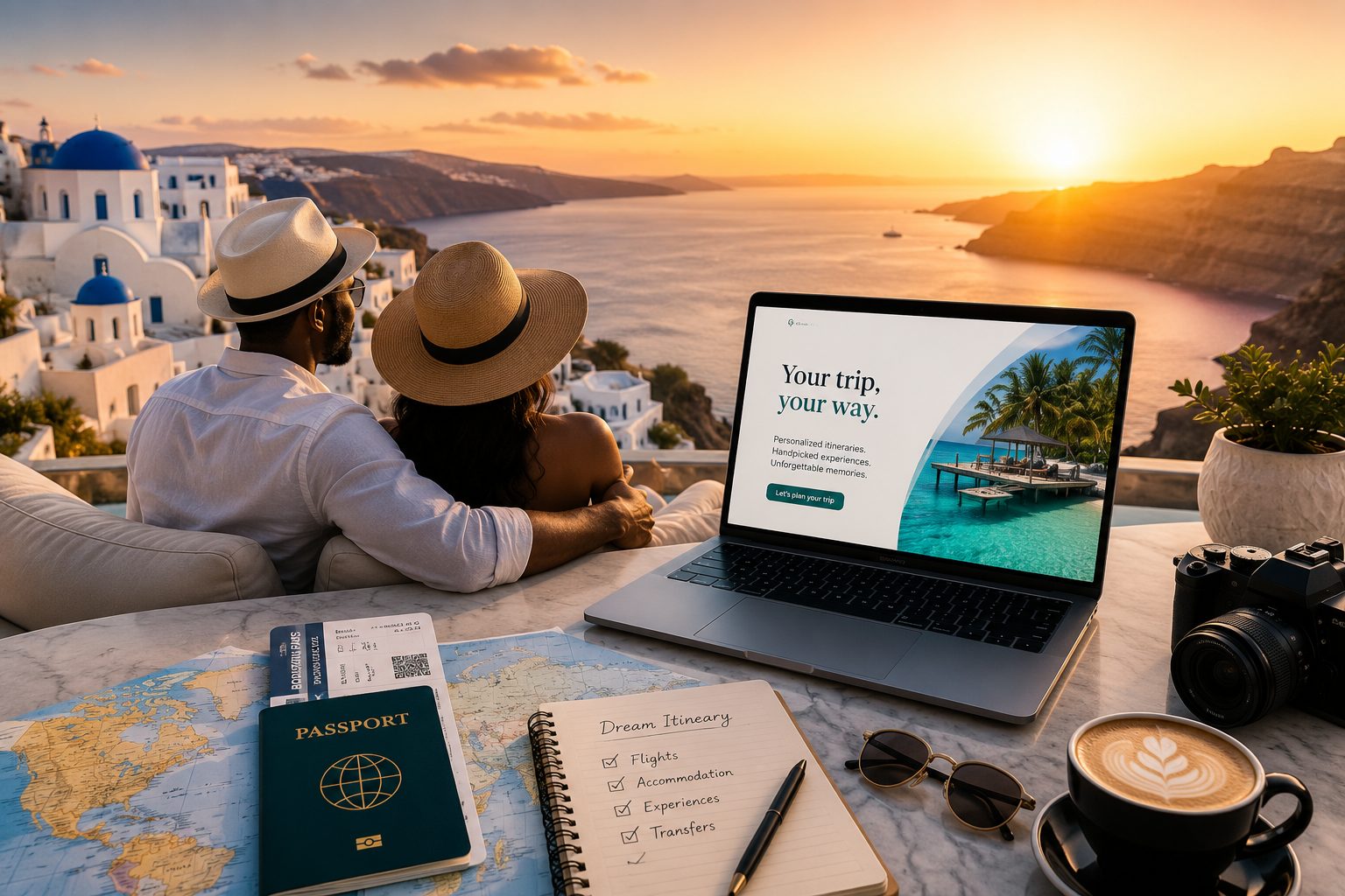 Couple overlooking Santorini at sunset