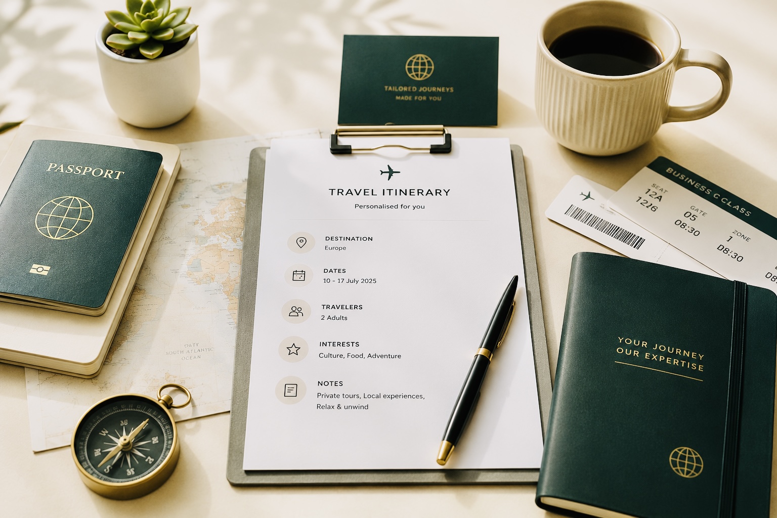 Travel itinerary, passport, and coffee on a desk